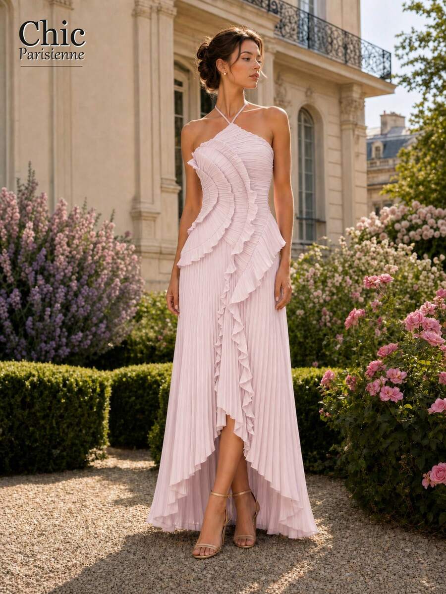Baby Pink:Baby Pink Romantic Ruffle Pleated Halter Maxi Dress - 淺粉色 - 查看 1