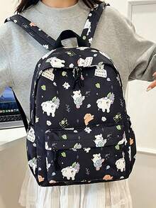 1/5pcs Cute Cartoon Print Student Backpack, Pure Pink Floral Pattern, Lightweight Polyester Fabric, Casual Campus Style, All-Season Wear, Unisex Adult Size, Large Capacity, Suitable For Daily Commute, Travel And Back To School - Multiple Styles - View 11