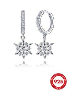 BRLINEY S925 Sterling Silver Hypoallergenic Hoop Earrings, Shiny Cubic Zirconia Snowflake Dangle Drop Earrings Women Elegant Jewelry Gift - Silver - View 1