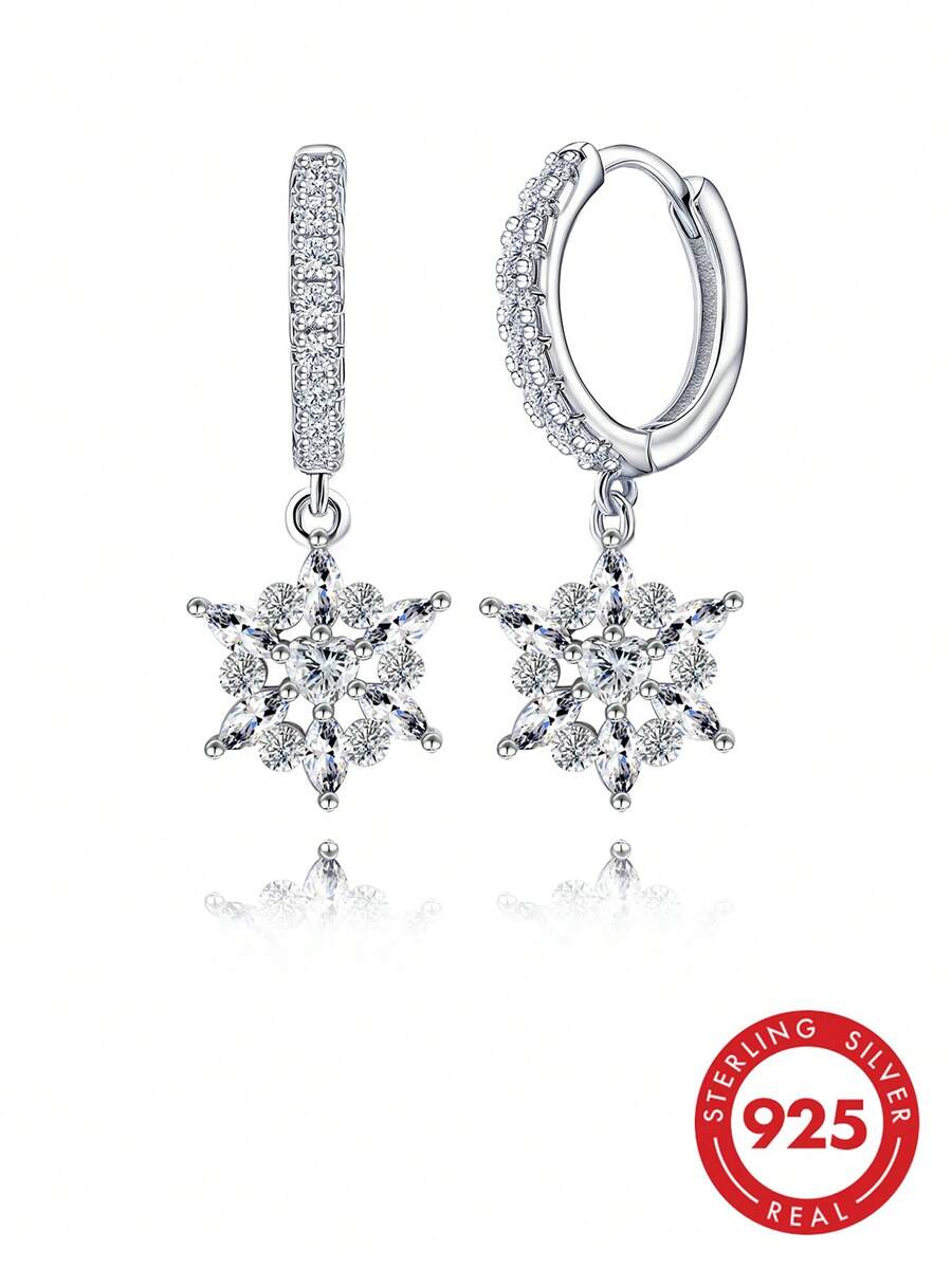 BRLINEY S925 Sterling Silver Hypoallergenic Hoop Earrings, Shiny Cubic Zirconia Snowflake Dangle Drop Earrings Women Elegant Jewelry Gift - Silver - View 1