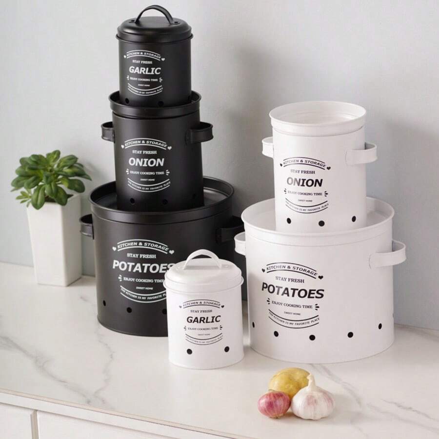 3Pcs Farmhouse Metal Storage Canister Set, Ventilated Potato Onion Garlic Storage Bin With Lid, Kitchen Counter Vegetable Keeper Organizer, Black & White