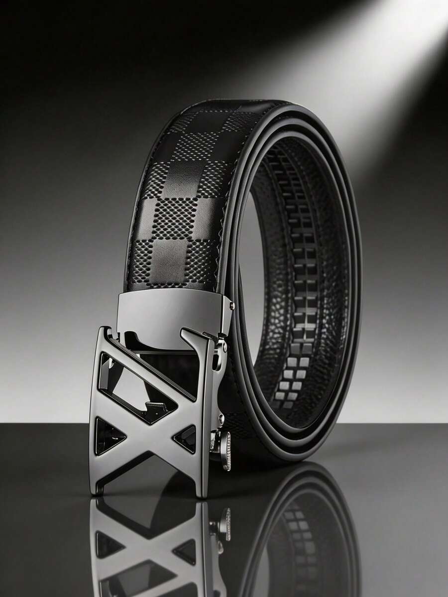 Men's PU Faux Leather Automatic Buckle Belt 47 Inch Extra Long Black ...