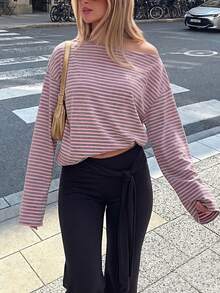 女款條紋船領長袖針織面料T恤，修身版型上衣，適合秋季 - 粉色 - 查看 6