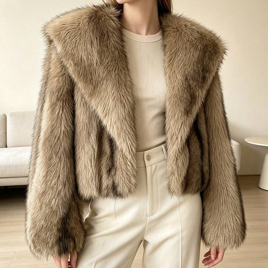 OFTBUY Solid Color Faux Fur Women's Loose Streetwear Casual Jacket, Autumn/Winter