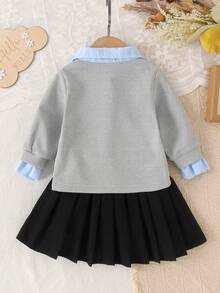 2pcs Baby Girl Academy Style 2 In 1 Shirt Collar Tie Long Sleeve Sweatshirt & Skirt Set, Spring/Autumn Thin - Multicolor - View 3