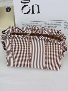 Cute Ruffle Lace Makeup Bag, Women & Girls, Vintage Striped Polka Dot Cosmetic Organizer, Travel Toiletry Bag, Suitable For Daily Use, Vacation And Dorm Storage - Multicolor - View 16