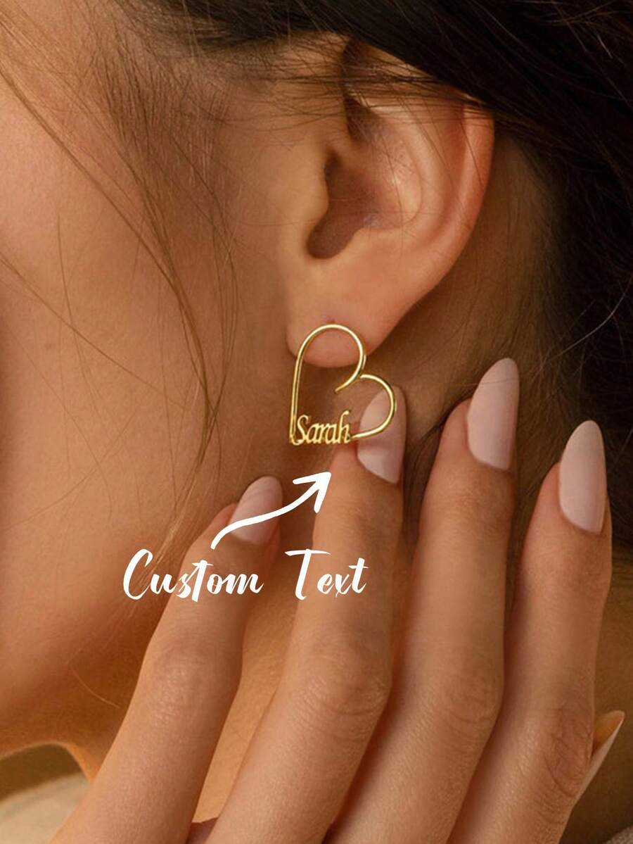 1 Pair Caitlyn Customized Name Heart Earrings, Minimalist Gold Stainless Steel Handmade Customized Name Heart Earrings, Wedding Valentine's Day Jewelry - Multicolor - View 1
