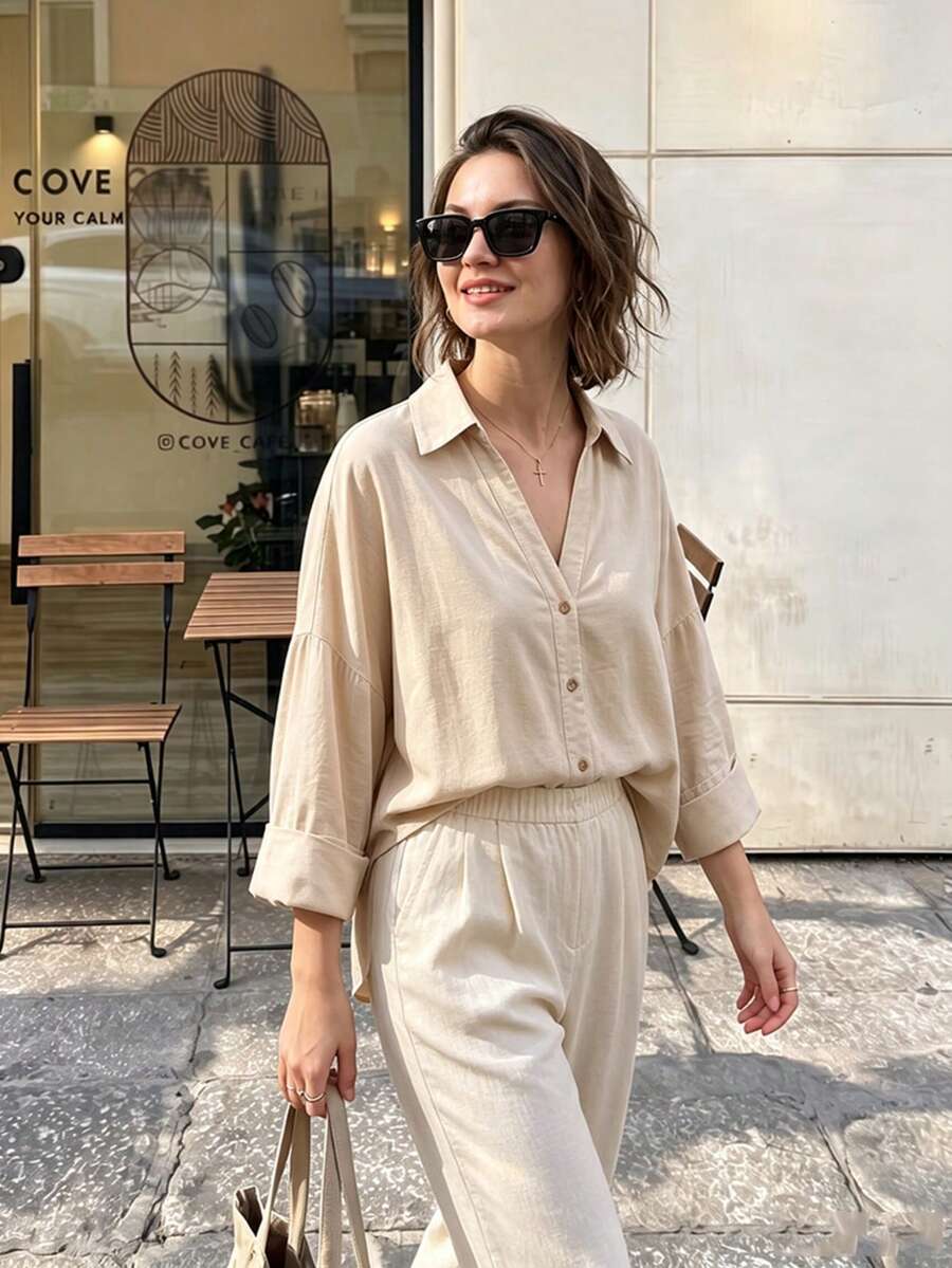 女款翻領長袖時尚黃色優雅襯衫單排扣寬鬆休閒上衣 - 米色 - 查看 1