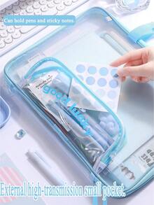 1pc Transparent Document Storage Bag With Handle Zipper Mesh Pouch Large Capacity Stationery Organizer For School Exams Back To School - Single Piece - View 4