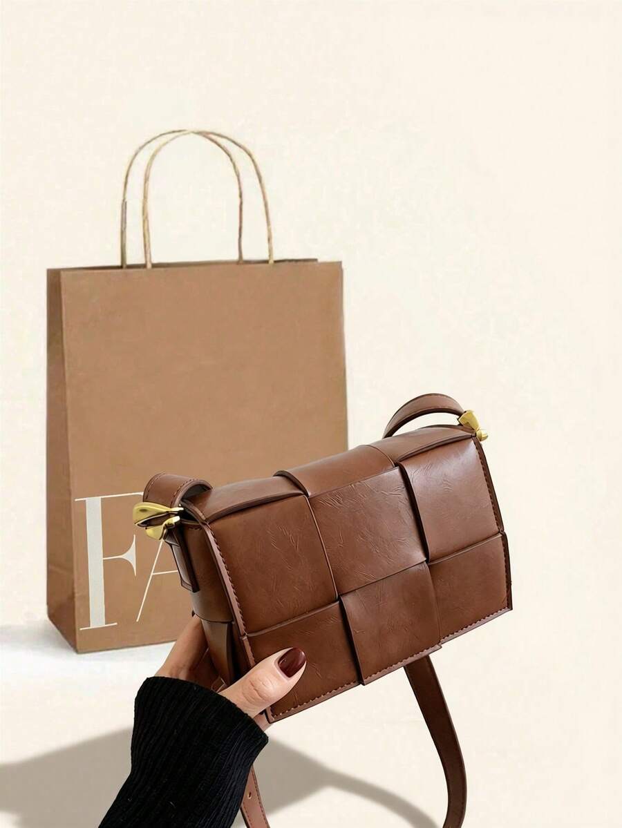 1 chiếc túi đeo chéo vuông đơn giản dệt thời trang màu nâu dành cho nữ, túi xách có cấu trúc cổ điển hợp thời trang, thích hợp sử dụng hàng ngày - màu nâu - Xem 1