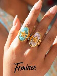 Frminee 2pcs/1pc Women's Gold Stainless Steel Starfish Open Ring, Oval Shell Statement Ring, Waterproof Ocean Beach Jewelry - Multicolor - View 5