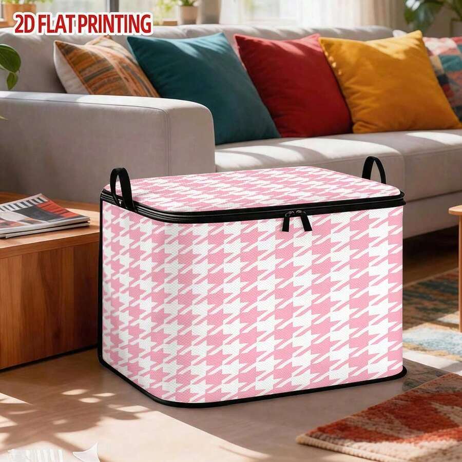 1PC Pink & White Houndstooth 2D Printed Non-Woven Fabric Storage Box With Lid, Soft Pink Houndstooth Pattern With Durable Print, Formaldehyde-Free Skin-Friendly Textile Fabric, Large Capacity Foldable Storage To Save Home Space, Zipper Closure To Block Dust And Stackable, Suitable For Wardrobe, Bed, Car Storage Of Bedding And Small Items, Ideal For Students, Renters And Daily Home Storage - View 1