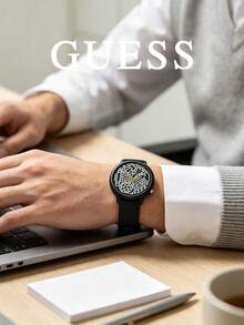 GUESS Men's Black Silicone Strap Quartz Watch, Round Graffiti Print Dial Sports Casual Wristwatch, Minimalist Fashion Daily Timepiece - Black - View 2