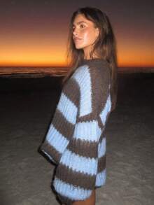 Plus Size Women's Vintage Vacation Striped Colorblock Long Sleeve Sweater - Brown-blue - View 5