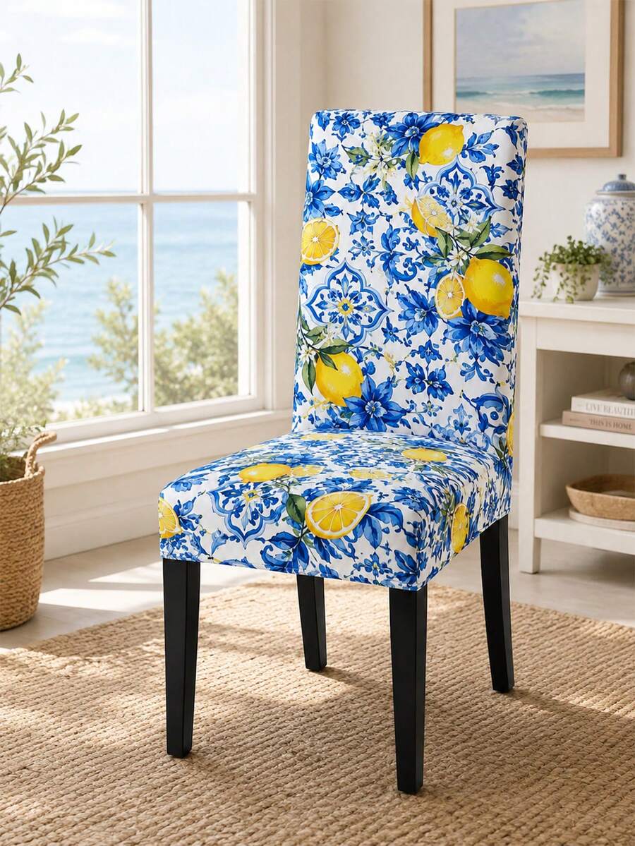 1/2/4/6Pcs Bright Yellow Lemon Blue Printed Chair Cover, Detachable High Back Protective Cover, Used For Kitchen And Home Dust Covers, Living Room And Bedroom Decoration, Outdoor Garden Decoration, And Essential Items For Party Events And Gatherings. - E - View 1