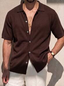 Men's Summer Casual Short Sleeve Knit Cardigan, Comfortable Basic Everyday Top, Suitable For Home, Outdoor, Beach Vacation, Perfect Gift For Husband - Brown - View 7