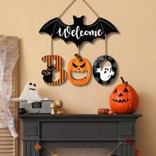 4pcs Halloween BOO Door Sign Decorations, Spooky Bat Welcome Hanging Sign For Front Door, Wooden Ghost Evil Pumpkin Black Cat Door Hanger Ornaments For Home Window Wall Halloween Party Decor - Multicolor - View 6