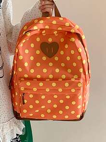 Mochila de gran capacidad conúltiples bolsillos y estampado de lunares, estilo minimalista, adecuada para viajes, salidas, compras, vacaciones, puede contener portátil, libros de texto, ropa - Naranja - Ver 6
