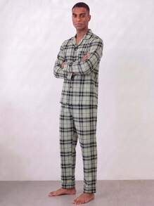 Snug League 男士轻薄翻领开襟格子印花长袖睡衣套装，休闲简约英伦风家居服，秋冬款 - 彩色 - 查看 9