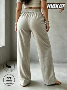 Hidkat Women's Spring/Autumn Linen Loose Old Money Lightweight Comfortable Elastic Waist Drawstring Casual Long Pants For Vacation And Daily Wear - Off-white - View 3