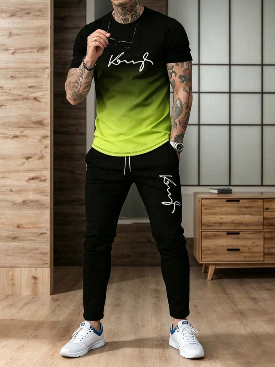 男士 King 漸層印花輕量圓領短袖T恤與長褲套裝 - 橄欖綠 - 查看 1