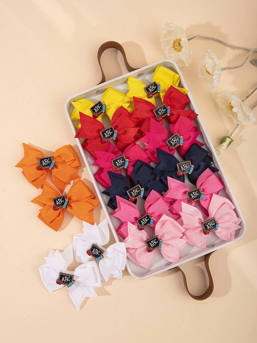 2pcs Girls Blackboard Accessory Ribbed Bow Hair Clips, Secure And Gentle On Hair, School Style Side Clips Suitable For Back To School Season - Multicolor - View 1