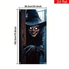 2d Plane Banners, Large Horror Witch Curtains Decorated On Halloween Front Door, Bright And Durable Polyester Fabric, Suitable For Halloween Night Family Party Thriller Theme Room Decoration Halloween Background. - 1 - View 2