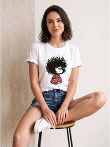 Women White Round Neck Short Sleeve Casual T-Shirt, Cartoon Explosive Hairstyle Graphic Print Daily Top Fast Local Delivery - 白色 - 查看 5