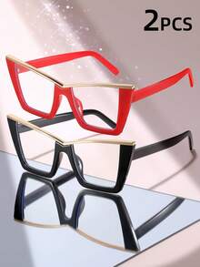 2 Pairs Cute Cat Eye Shaped Metal Frame Transparent Lens Regular Glasses For Women Street Photography Daily Use - Clear - View 21