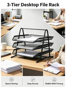 Metal Mesh File Organizer With Drawers, 3-Tier Stackable Desktop Document Rack, Black Iron Letter Storage Stand For Office & Home Desk. - Black Three-layer Folder - View 5