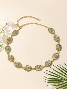 Hypoallergenic Adjustable Short Turquoise Waist Chain, Paired With Cami Top And Suede Denim Skirt - Gold - View 8