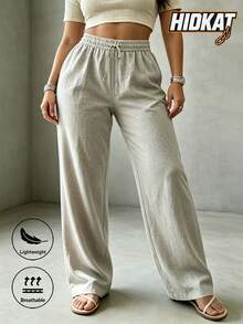 Hidkat Women's Spring/Autumn Linen Loose Old Money Lightweight Comfortable Elastic Waist Drawstring Casual Long Pants For Vacation And Daily Wear - Off-white - View 2