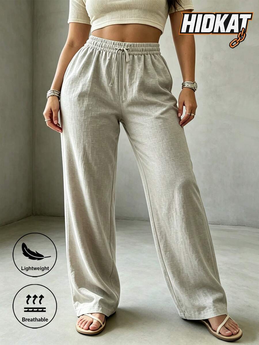 Hidkat Women's Spring/Autumn Linen Loose Old Money Lightweight Comfortable Elastic Waist Drawstring Casual Long Pants For Vacation And Daily Wear