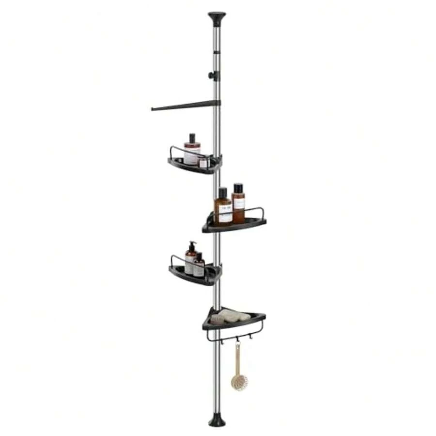 SONGMICS Organizador de Baño Esquinero Telescópico, Estante para Regadera Ajustable 95-300cm, 4 Niveles con Toallero, Plata y Negro MBCB002B01 - Plata Negro - Ver 1