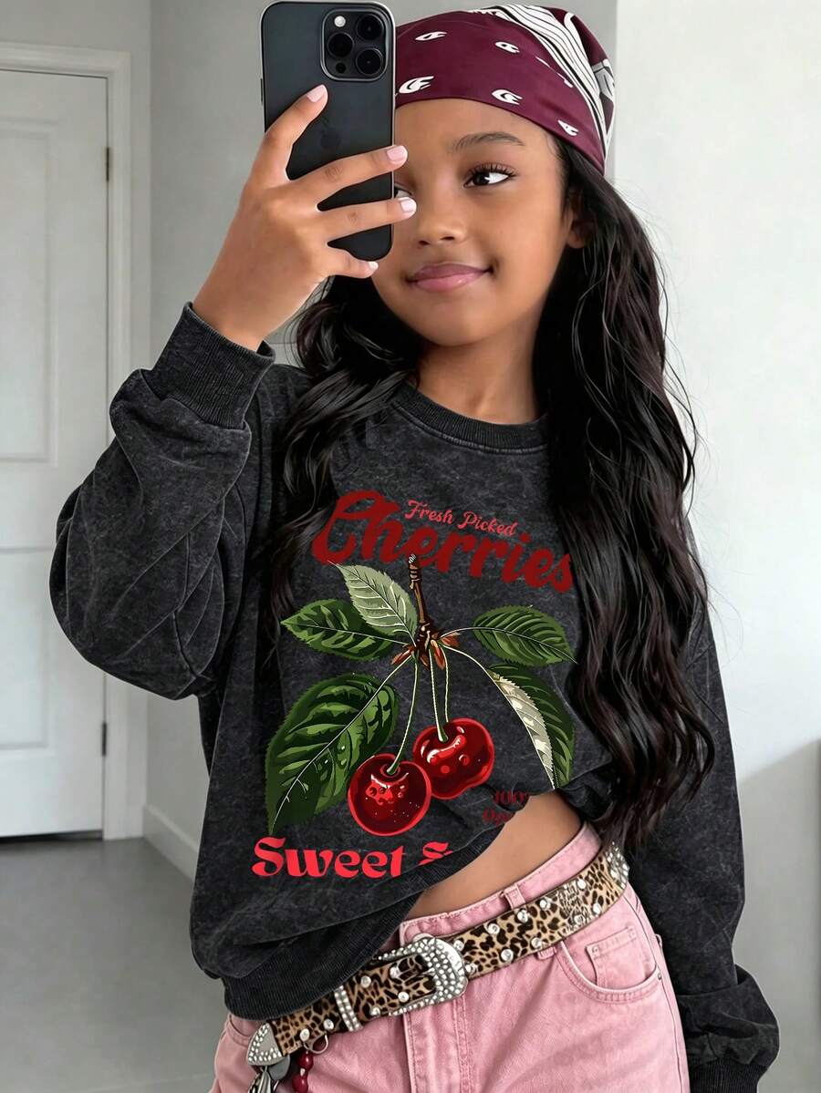 Vintage Sweet Girl Sweatshirt, Freshly Picked Cherry Letter Print On Chest, Soft & Warm Autumn/Winter Campus Top - Black - View 1