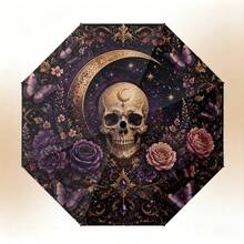 2D Printed Skull, Floral, Butterfly, Star & Moon Pattern Automatic Folding Umbrella, Internal Or External Print Option, UV Protection Sunshade, Portable Sun Umbrella For Daily Commute, Outdoor Travel, Photography, Vintage Dark Style Personalized Design, Suitable As Holiday Gift - Multicolor - View 3