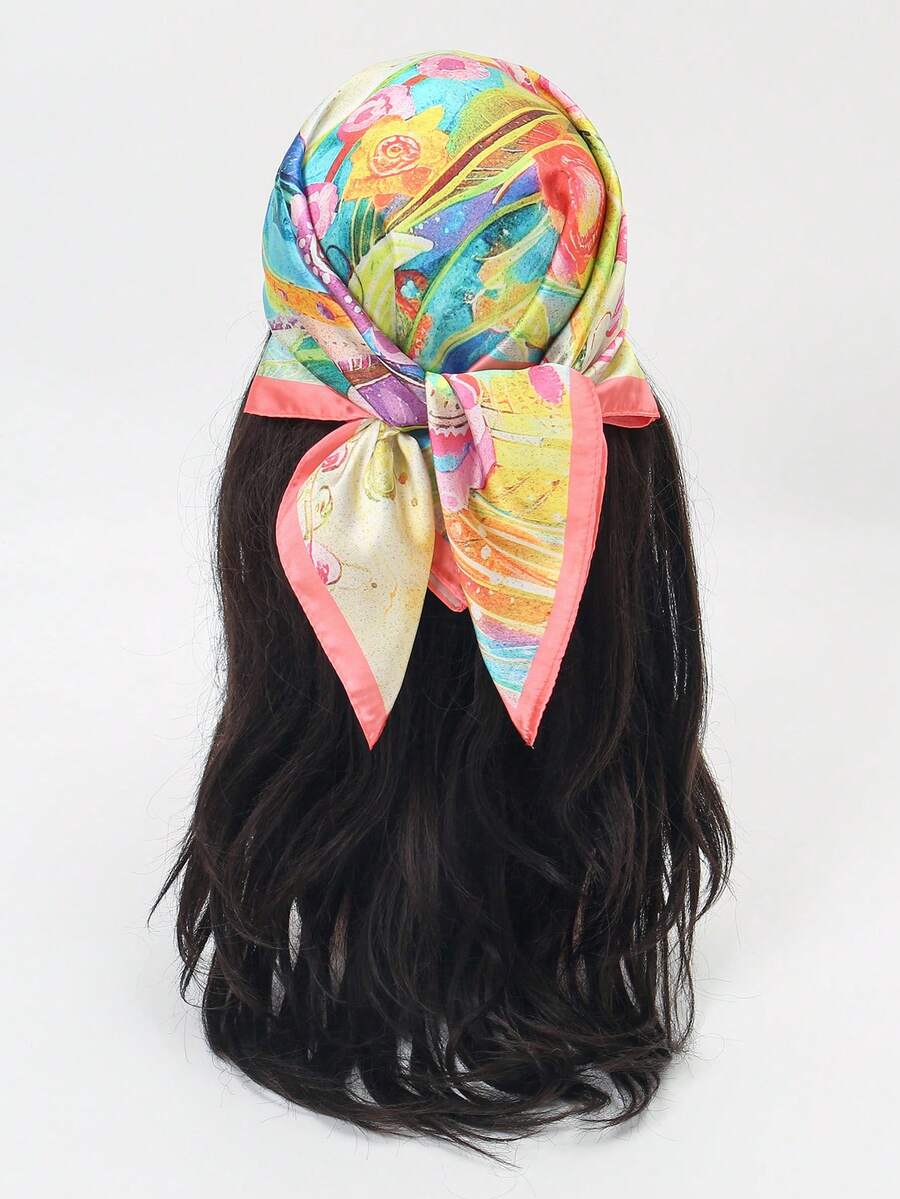 1pc Women's New Geometric Print Silk Scarf Set, Versatile Luxury Influencer Headwrap Square Scarf - Multicolor - View 1