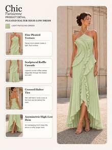 Light Green:Light Green Halter Asymmetrical Hem Pleated Maxi Gown - 淺綠 - 查看 4