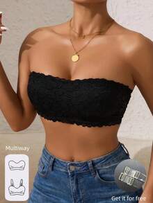 1pc Women's Solid Color Non-Wired Lace Trim Bandeau Bra, Removable Padded With Detachable Transparent Shoulder Straps - Black - View 1
