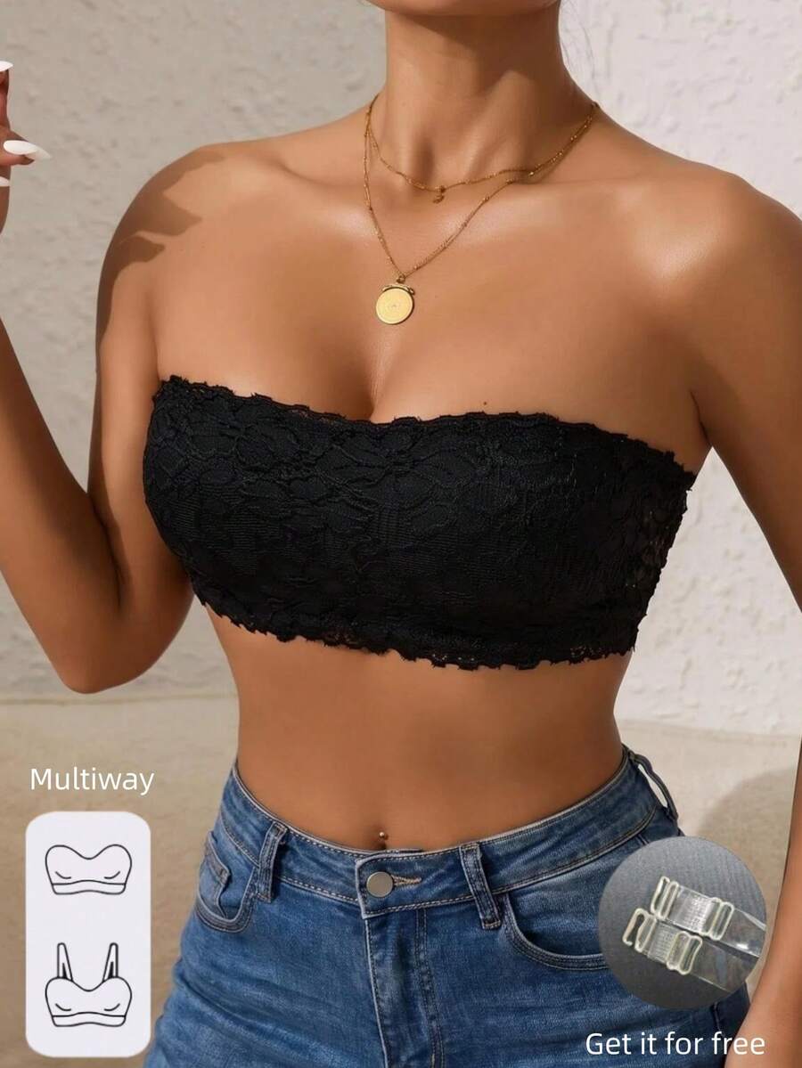 1pc Women's Solid Color Non-Wired Lace Trim Bandeau Bra, Removable Padded With Detachable Transparent Shoulder Straps - Black - View 1