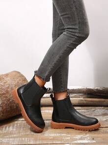 Women's Fashion Versatile Cylinder Boots, Slip-On Elastic Chelsea Ankle Boots, Lightweight Flat Ankle Boots - Black - View 2