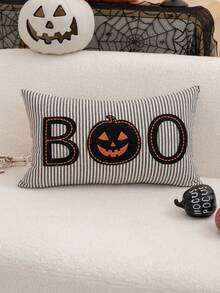 1pc Halloween BOO Embroidered Pillow Case, Halloween Pumpkin Pillow Cover, Suitable For Indoor Decoration, Halloween Decor, All-Season Pillow Case, Without Insert - Multicolor - View 2