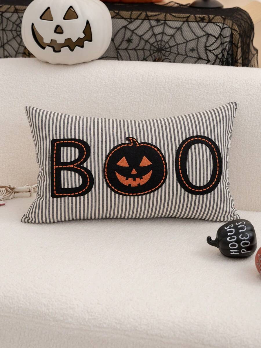 1pc Halloween BOO Embroidered Pillow Case, Halloween Pumpkin Pillow Cover, Suitable For Indoor Decoration, Halloween Decor, All-Season Pillow Case, Without Insert