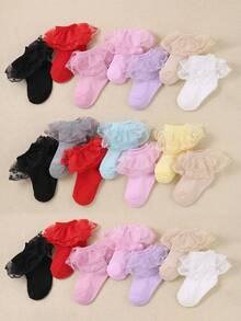 1/5/10 Pairs Random Style Baby Girl Socks, Breathable Mesh Lace Ruffle Trim Toddler Short Socks, Newborn Infant Holiday Gift, 0-36M - Multicolor - View 2