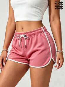 mulinsen 女款運動短褲，彈性抽繩拼接下擺，快乾跑步短褲，適合健身訓練與日常慢跑 - 玫紅色 - 查看 3