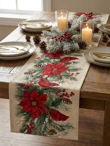 1pc Christmas Red Cardinal Poinsettia Print Table Runner, Pine Cone & Berry Table Runner, Suitable For Dining Table, Desktop, Fireplace Mantel, Living Room And Winter Holiday Decor - Multicolor - View 3
