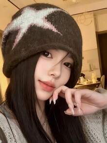 1pc Korean Style Versatile Loose Knit Beanie For Women, Vintage Face-Flattering Knit Skull Cap, Large Size Warm Elastic Winter Knitted Hat - Multicolor - View 7