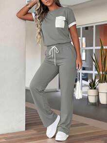 Women's Spring/Summer New Round Neck Short Sleeve T-Shirt And Casual Daily Elastic Waist Loose Long Pants 2-Piece Set, Fashionable Contrast Color Pocket Casual Home Sports Leisure Outfit - Grey - View 6
