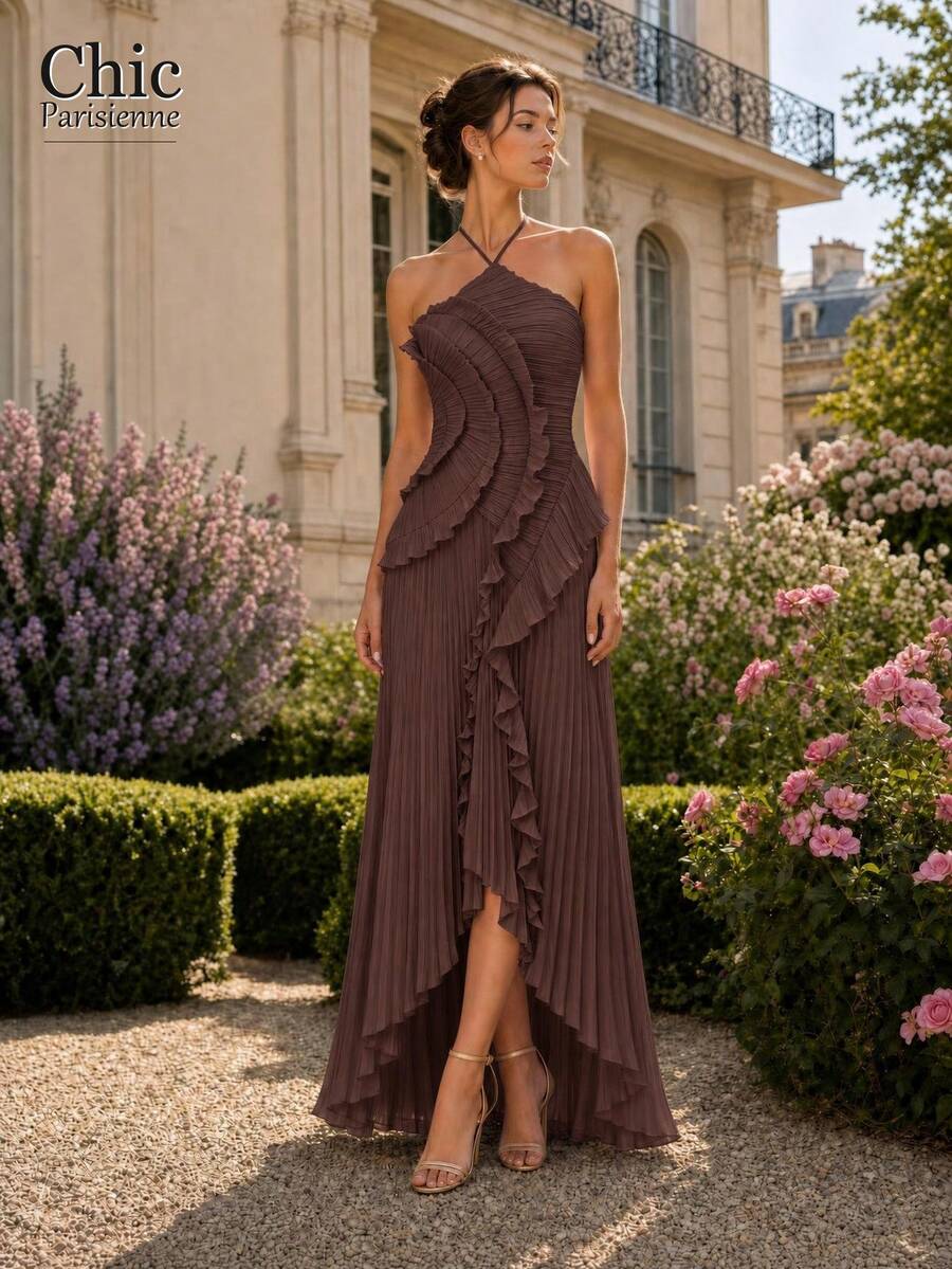 Brown:Brown Cross Halter Textured Ruffle Formal Maxi Dress - 棕色 - 查看 1