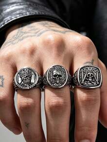 Nhẫn nam phong cách vintage Mỹ họa tiết đầu lâu, vương miện mài mòn, hoa hồng và Freemason, nhẫn ngón tay nam cá tính phong cách hip-hop, nhẫn nam đeo nhiều lớp, phụ kiện trang trí táo bạo đa năng, quà tặng Halloween, kiểu ngẫu nhiên 1 cái/2 cái/3 cái - Màu Bạc Cổ - Xem 2